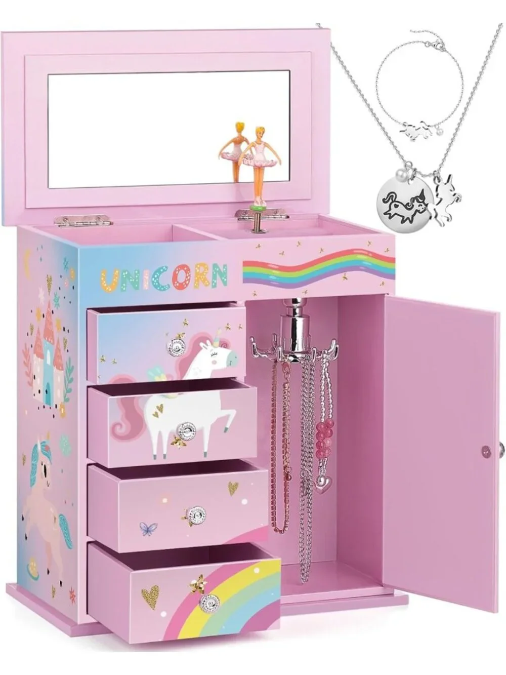 Girls Jewelry Box with 5 Layers, Swing Door, Ballerina & Unicorn Design, Music